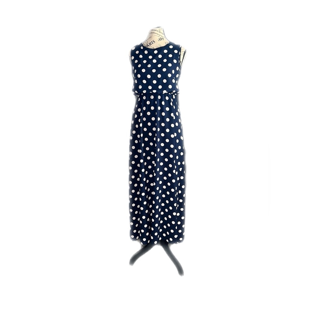 Navy blue and white polkadot maxi dress